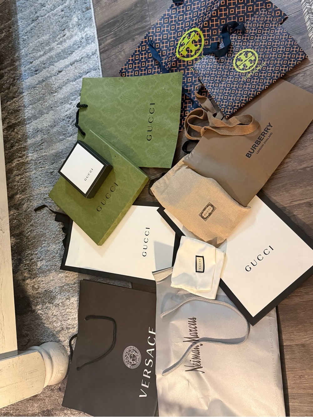 Designer Luxury Shopping Bag Lot - Gucci, Burberry, Versace, Neiman Marcus